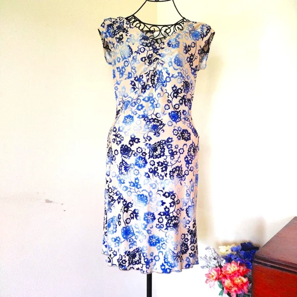 Finesse U.S.A. | Dresses | Finesse Floral Dress Blue Cream Pattern  Shortsleeve Medium | Poshmark